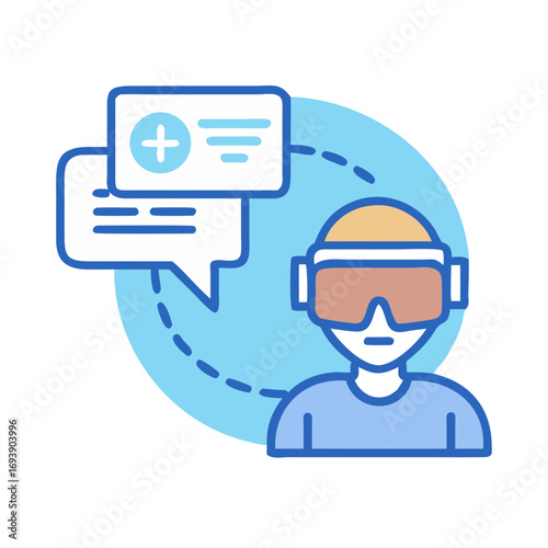 Illustration of a person in VR glasses getting notifications in a virtual environment