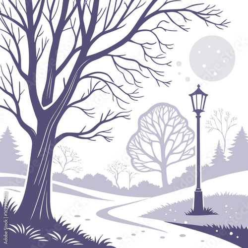 Winter park landscape with a winding path, bare tree, lamppost, and moon calm and tranquil scene in a minimalist style