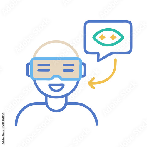 Person using virtual reality headset with interface inside a speech bubble on black background