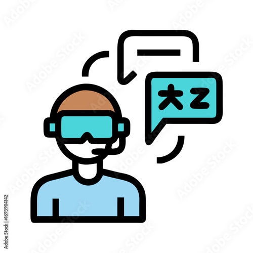 Flat design illustration of a person wearing virtual reality headset with chat bubble