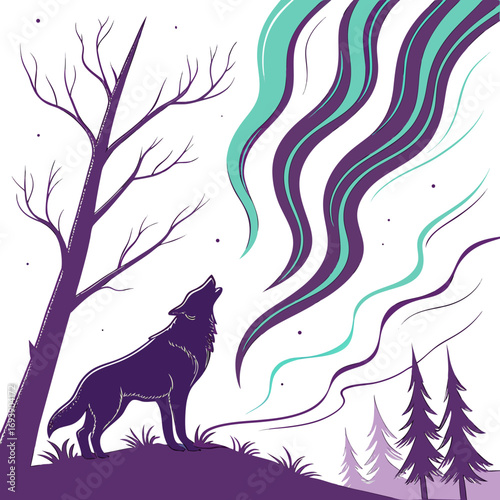 Wolf howling at the northern lights hand drawn vector illustration in woodcut style square composition