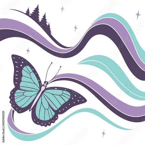 A teal butterfly with purple markings flutters amidst stylized waves and distant pine trees, , creating a whimsical nature scene