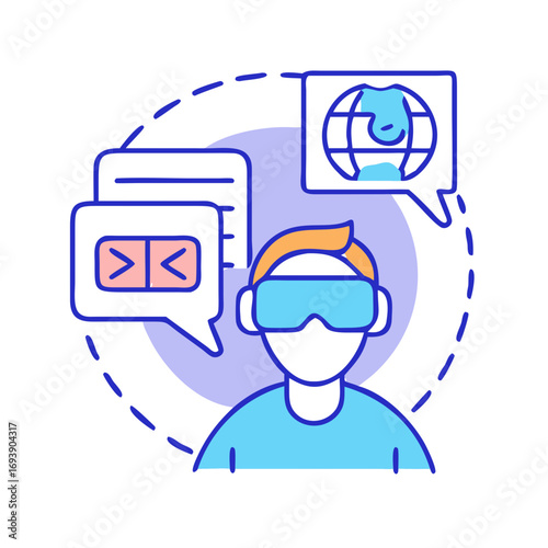 Virtual Reality Programming Concept: Person Wearing VR Headset With Coding And Globe Symbols
