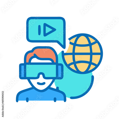 Illustration of person wearing VR headset interacting with virtual world, flat design