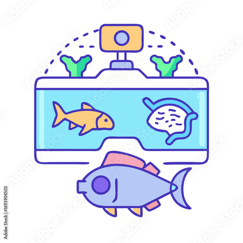 Colorful stylized illustration of an aquarium with fish and accessories on a black background
