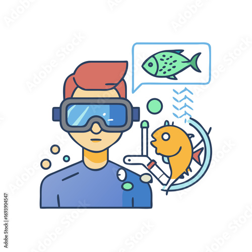 Virtual Reality Scuba Diving Illustration of a Man with VR Goggles Surrounded by Fish