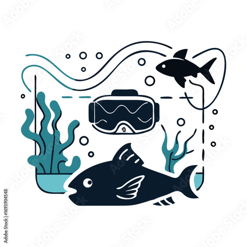 Stylized VR Aquarium Concept with Fish and Algae on Black Background Graphic Illustration