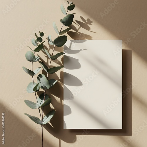 Eucalyptus branches and shadow on beige background with blank card.