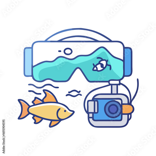 Underwater VR experience showing fish, camera and goggles on a black background