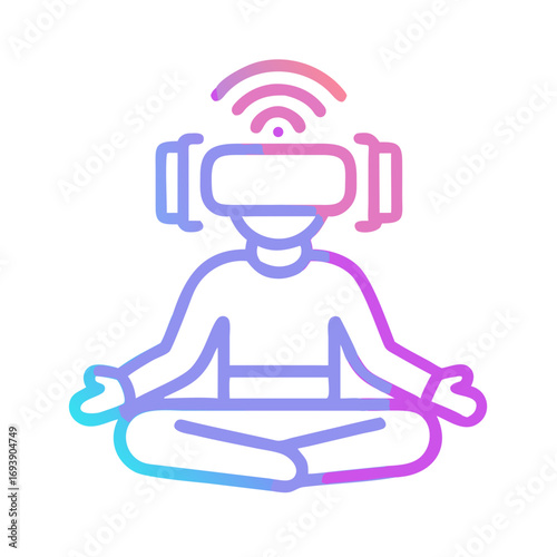 Person in VR headset meditating, wireless connection, illustration for virtual reality applications