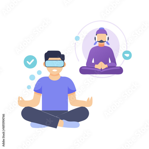Person in VR meditating achieving mindfulness and balance in virtual reality, future technology concept