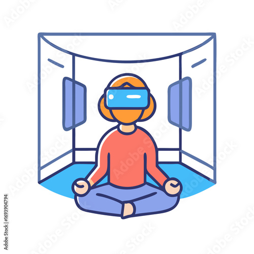 Person in VR headset meditating in digital space with monitors around them