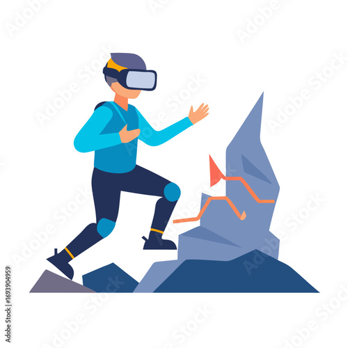 Man Experiencing Virtual Reality Climbing Over Rocks with a VR Headset on a Black Background