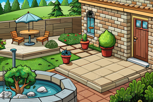 vector of Landscaped patio with retaining wall and paving. Great idea