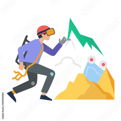 Virtual reality mountaineering: Person using VR headset climbing virtual mountains in flat illustration