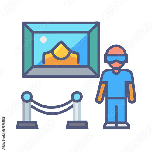 Museum visitor admiring abstract art behind rope barrier in graphic style illustration