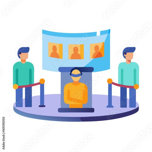 Flat illustration of people visiting art gallery exhibit with three portraits behind glass display