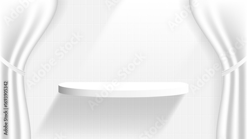 white pedestal with curtain and shadow