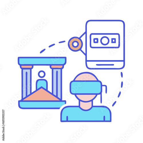 Virtual reality museum exploration and digital information connectivity represented in a minimalist flat design
