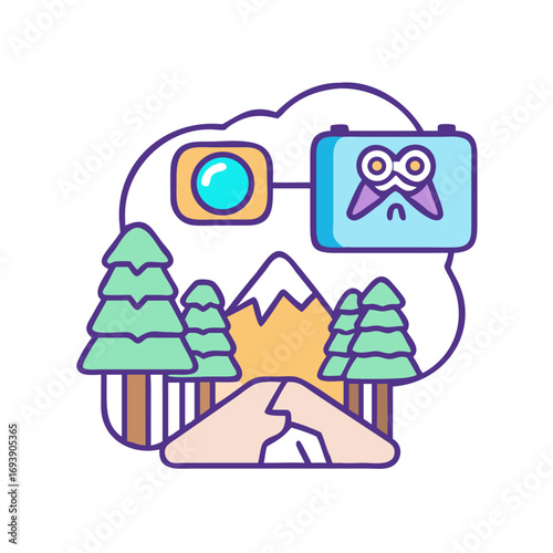 Cartoon illustration of a forest scene with camera and a sad screen, hiking concept