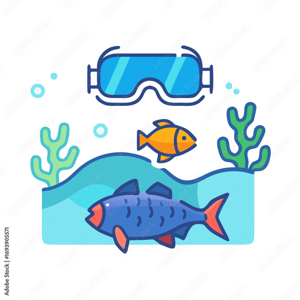 Fototapeta premium Underwater Life Flat Design Illustration with Fish, Coral and Diving Mask on Black Background