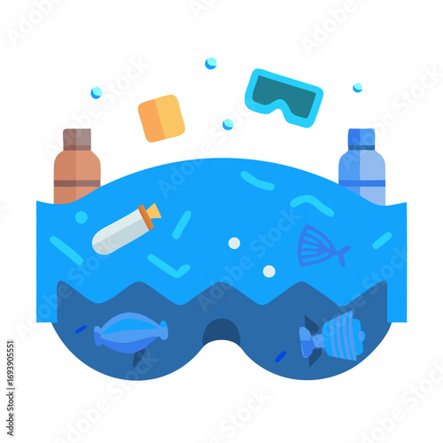 Flat vector illustration showing ocean pollution with floating trash and marine life