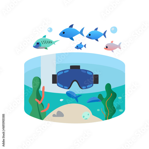 VR headset in virtual aquarium surrounded by colorful fish and aquatic plants