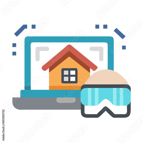 Virtual reality house design on laptop with VR glasses showcasing modern architectural planning