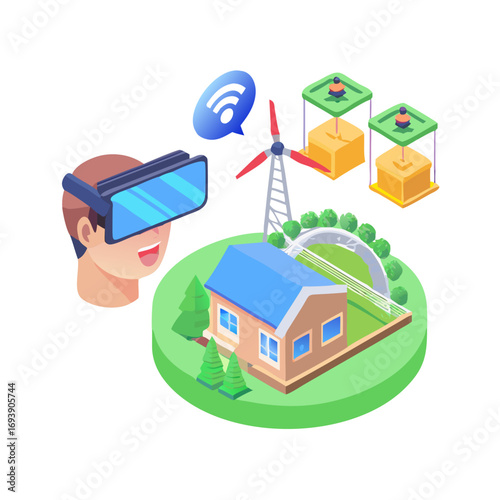 Isometric view of a smart home controlled via virtual reality technology, green energy, and shipping.