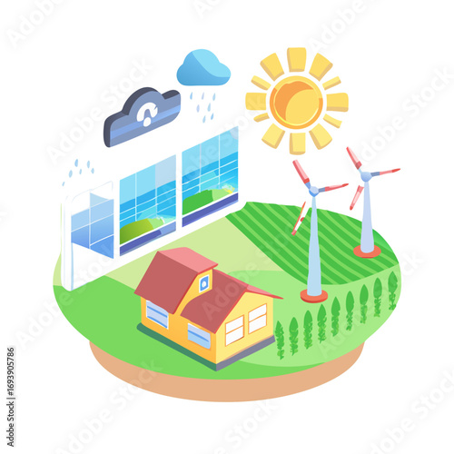 Isometric illustration of a sustainable house with wind turbines, solar panels and weather icons
