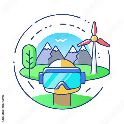 Cartoon person wearing VR glasses in a digital landscape with wind turbine