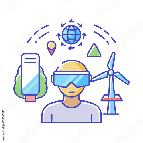 Virtual Reality Metaverse: Person with VR Headset Interacting with Digital Environmental Elements