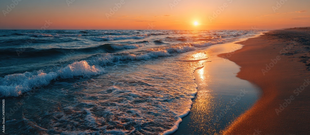 Fototapeta premium Golden sunset over a beach. Waves crash on the shore