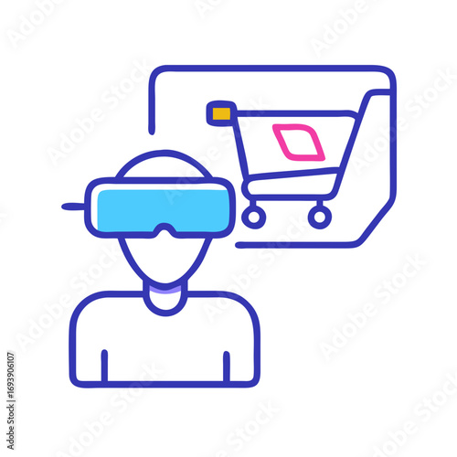 Immersive Shopping: Person Experiences Virtual Reality Retail with Headset and Digital Shopping Cart