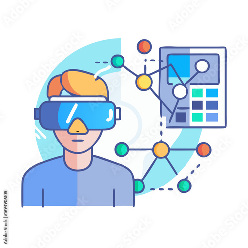 Man Using Virtual Reality Headset Exploring Digital Network and Data Visualization, Future Technology Concept