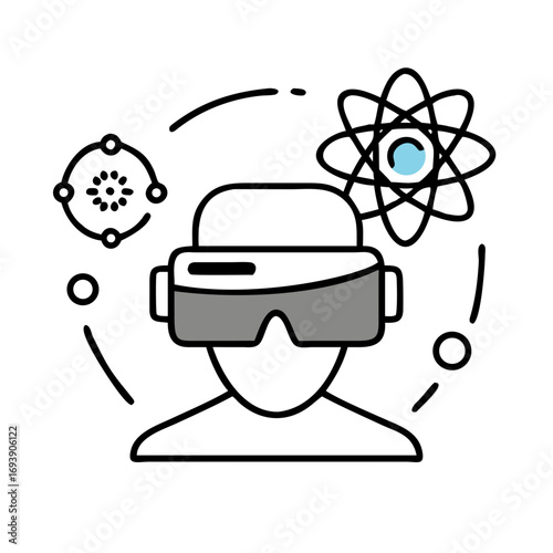 A minimalistic abstract figure in black with gray glasses and light blue circle