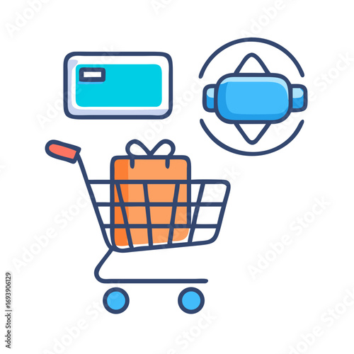 Shopping cart with gift box, credit card, and VR glasses floating against a black background