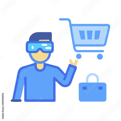 Metaverse shopping experience with virtual reality goggles and digital shopping cart concept
