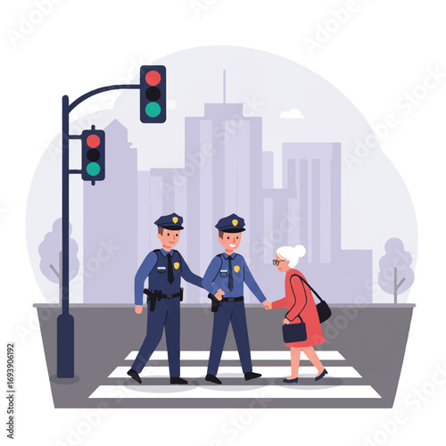 A friendly police officer kindly assists an elderly person crossing a busy city street at a crosswalk, depicted in a clean 2D flat vector illustration style with a simplified urban background.