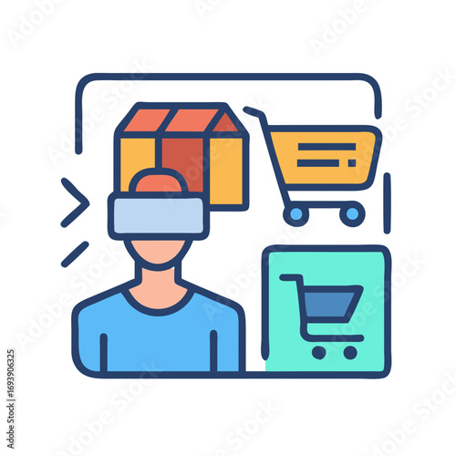 Virtual reality shopping experience featuring a person with VR headset and virtual shopping elements