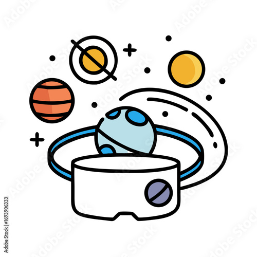 Colorful cartoon depiction of multiple planets orbiting a central planet in outer space