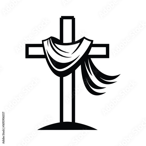 Simple black and white silhouette of a christian cross adorned with flowing draped fabric symbolizing faith and hope