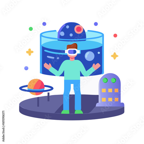 Stylized person wearing VR headset experiencing space themed virtual reality environment on dark background