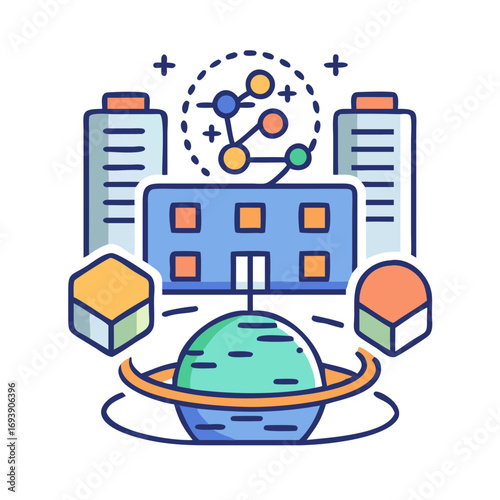 Colorful flat vector illustration of a smart city on a planet with interconnected network