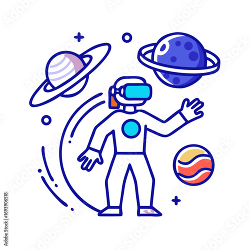 Astronaut in virtual reality exploring space with planets in a flat vector style illustration