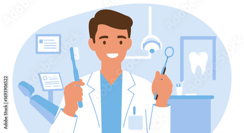 Smiling Dentist Holding Tools and Toothbrush Illustration.