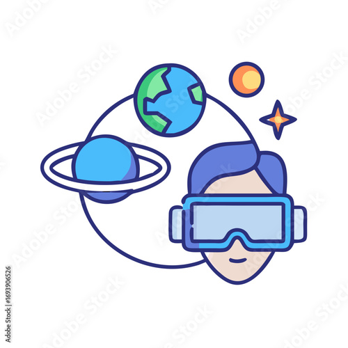 Person wearing VR headset surrounded by planets and star in a circular composition