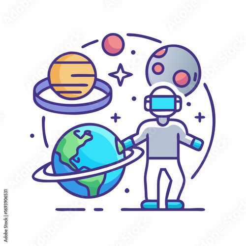 Person in VR exploring the cosmos with planets and celestial bodies in space
