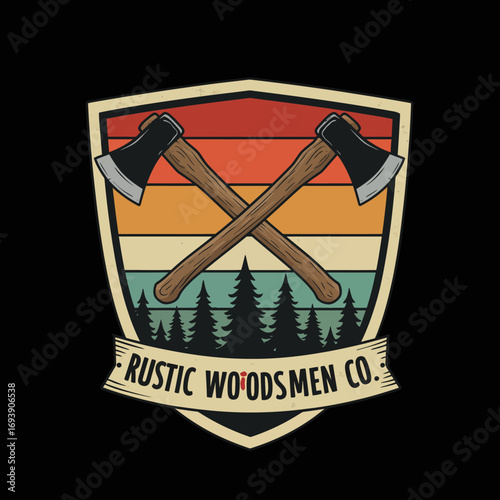 Vintage Rustic Woodsmen Co. Logo Emblem with Crossed Axes, Pine Trees, and Retro Sunset Background