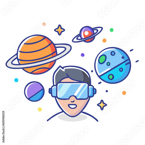 Cartoon of a man wearing VR glasses with planets and stars in the background